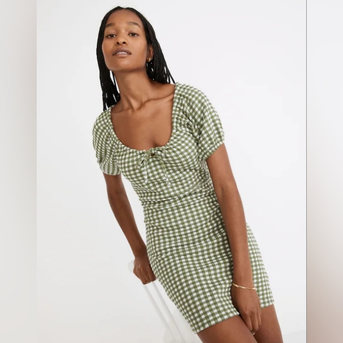 Madewell Jacquard Puff-Sleeve Mini Dress In Gingham Check Sz S